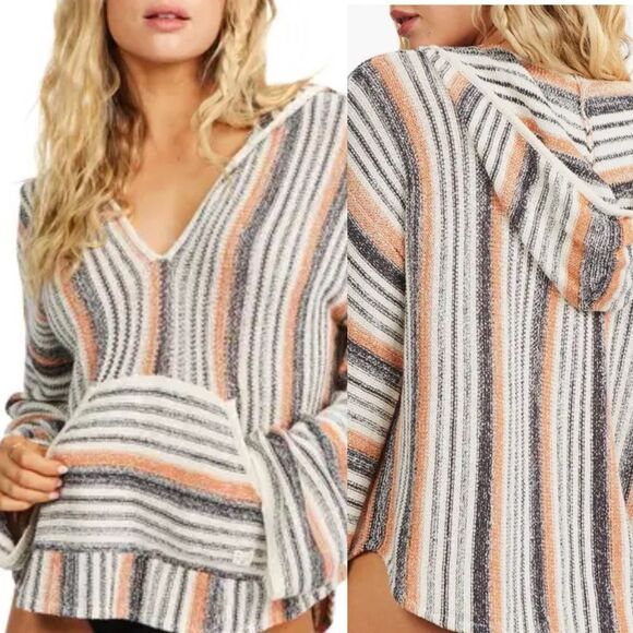 Billabong Baja Beach Stripe Pullover Sweater Hoodie open knit beachy boho M - Picture 1 of 10